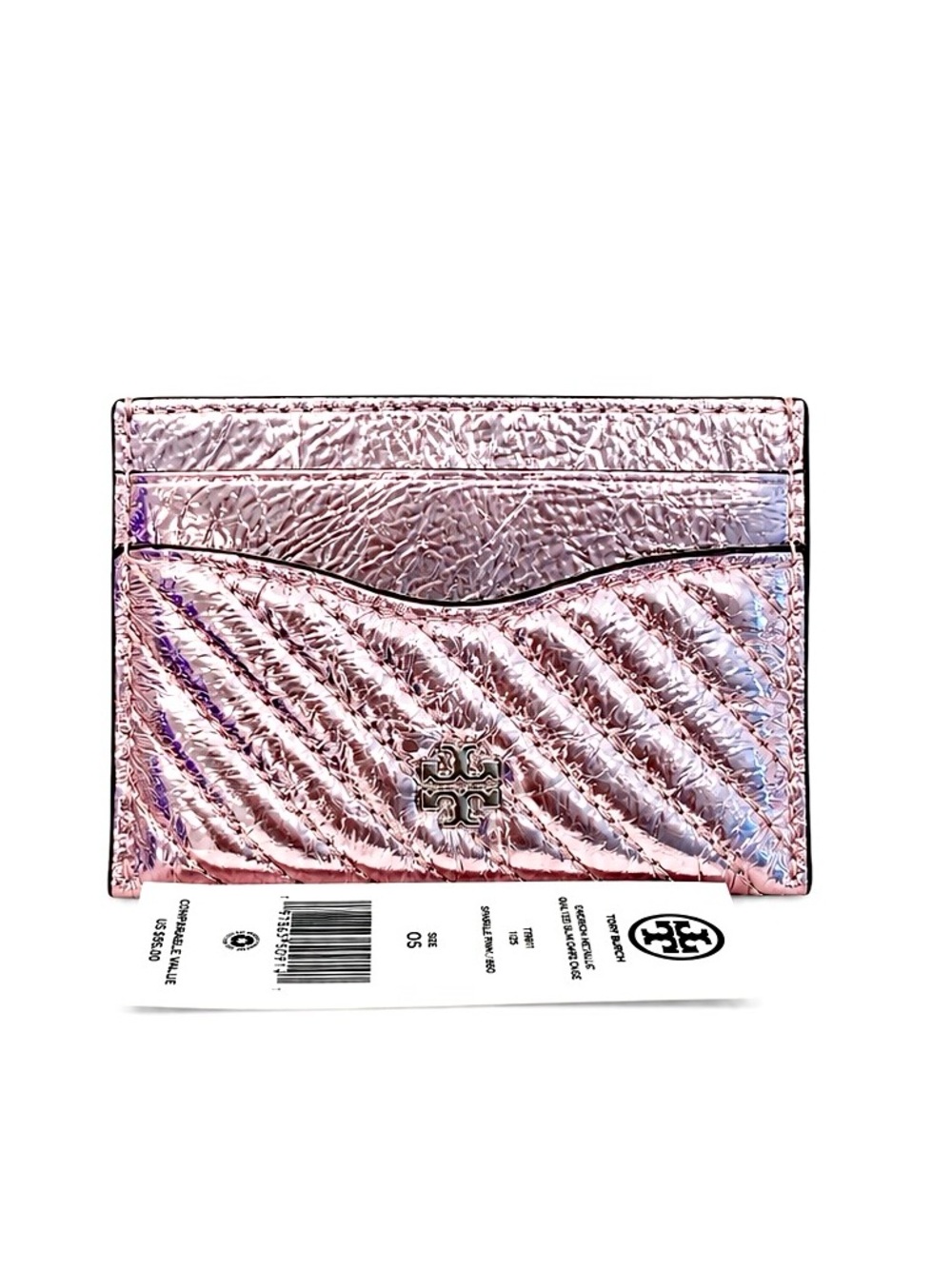 Tory Burch Kira “Sparkle Pink” Metallic Moto Quilt Card Case NWT